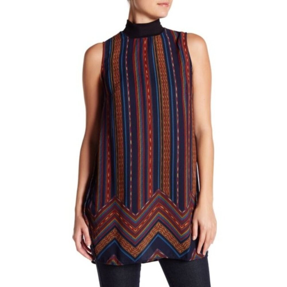 Bobeau Split Side Mock Neck Stripe Tunic Blouse